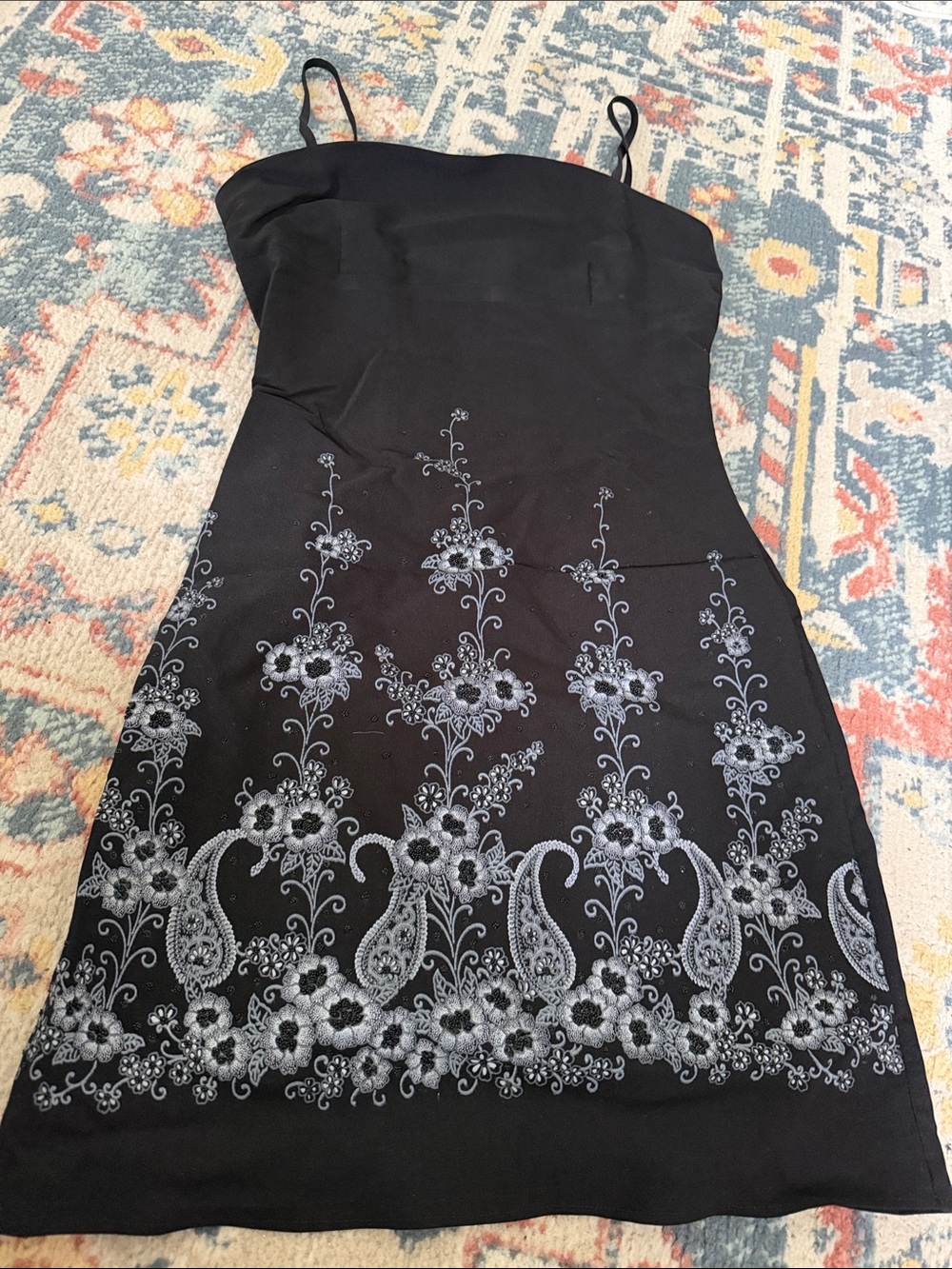 Gorgeous Beaded Little Black Dress with Silver Floral Embroidery and Black beads